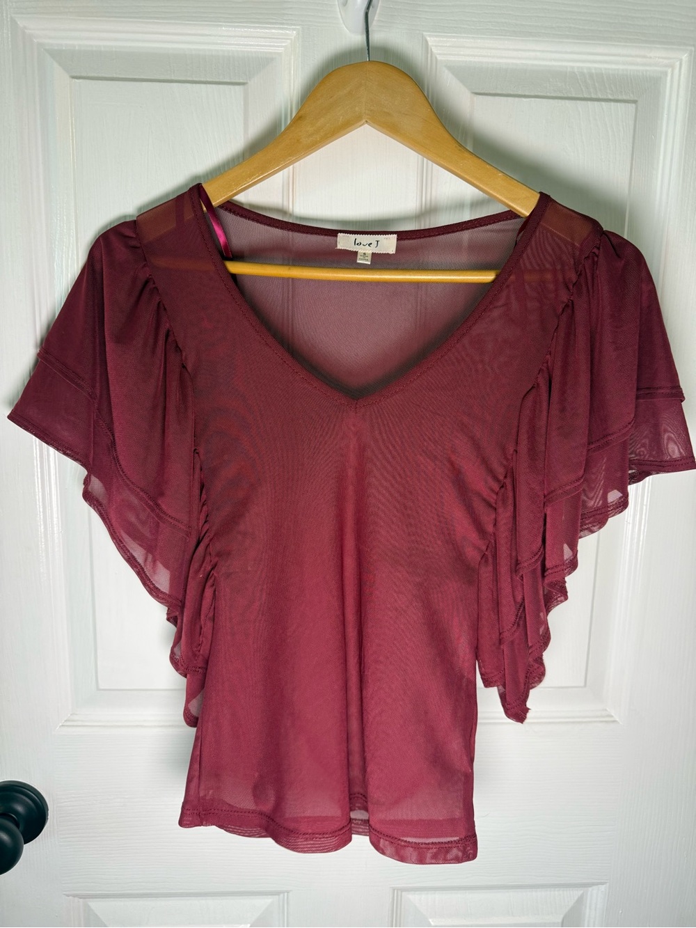 Love Tree Burgundy V-Neck Ruffle Sleeve Blouse
